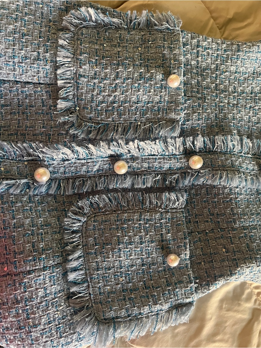 Novaluxe Light Blue Tweed Pearl-Button Shift Dress - Picture 5 of 7